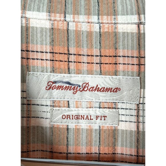 Tommy Bahama Shirt Mens Plaid 100% Silk Size XL Peach Gray Original Fit - Picture 6 of 9